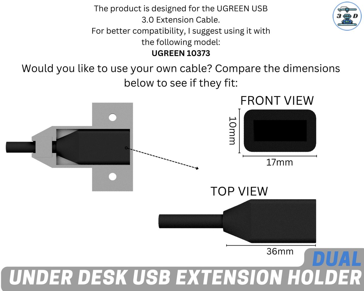 Dual Under Desk USB extension Holder | USB desk organizer | UGREEN usb extension cable holder - Image 5