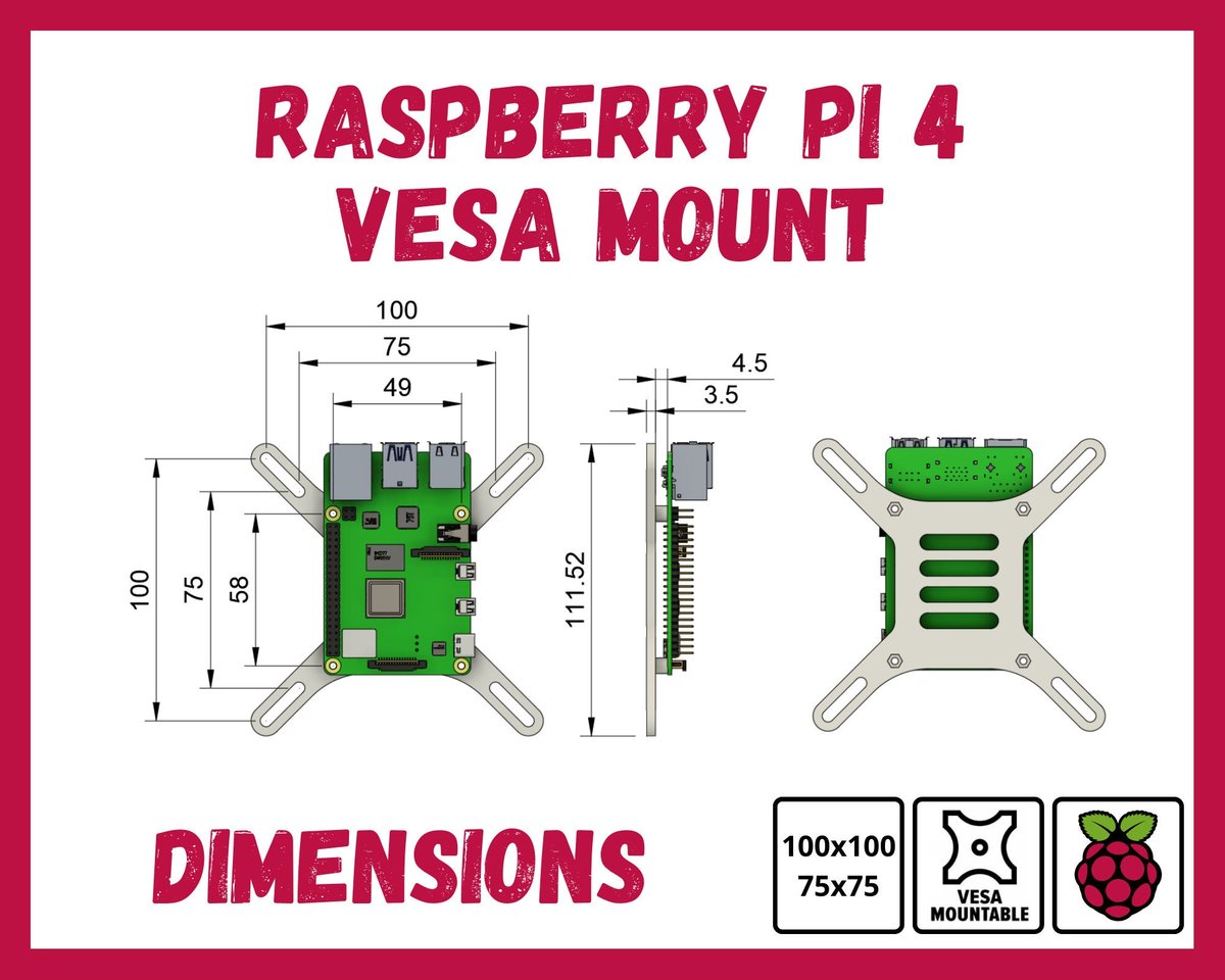 Vesa Mount Adapter for Raspberry Pi compatible with Vesa 100 and Vesa 75 - Image 2